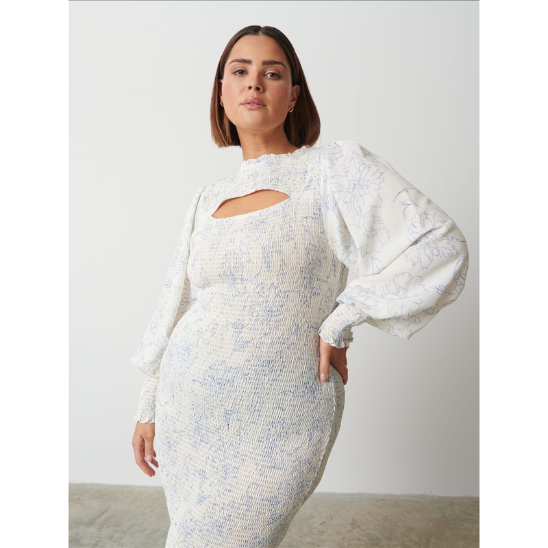 Elise Cut Out Shirred Printed Midaxi Dress Curve – Peony Abstract Floral
