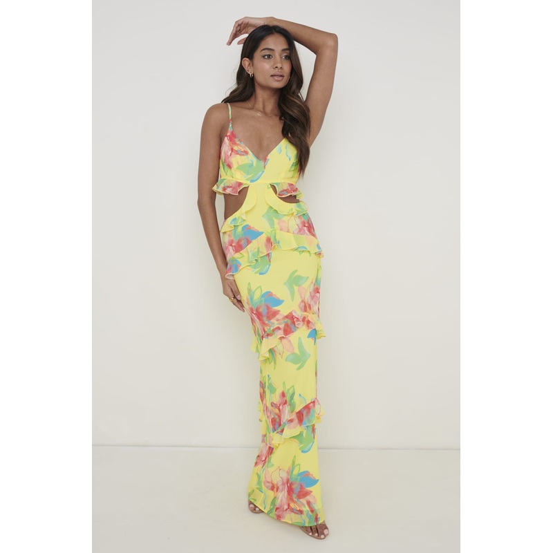 Rinna Cut Out Maxi Dress – Lemon Abstract Floral