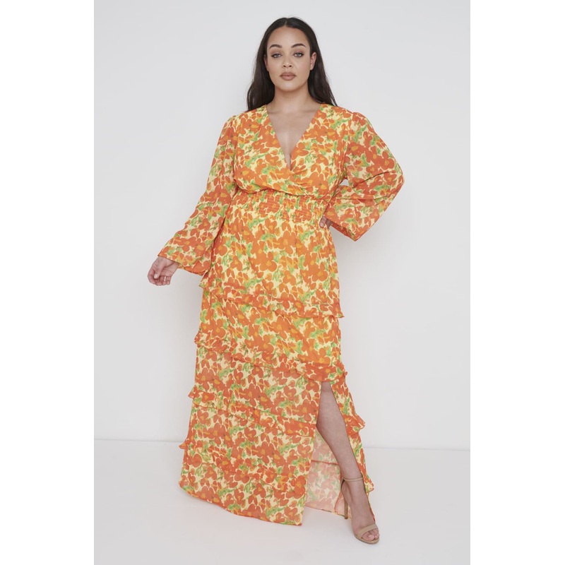 Rochelle Shirred Waist Maxi Dress Curve – Orange and Yellow Floral