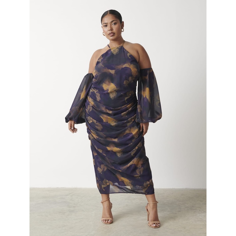 Roma Ruched Midaxi Dress Curve – Dark Amethyst & Saffron Floral