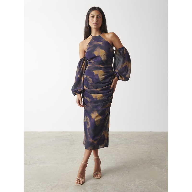 Roma Ruched Midaxi Dress – Dark Amethyst & Saffron Floral