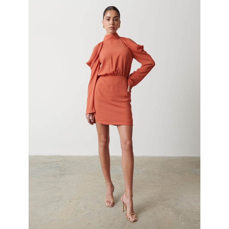 Rosie Cold Shoulder Mini Dress – Terracotta