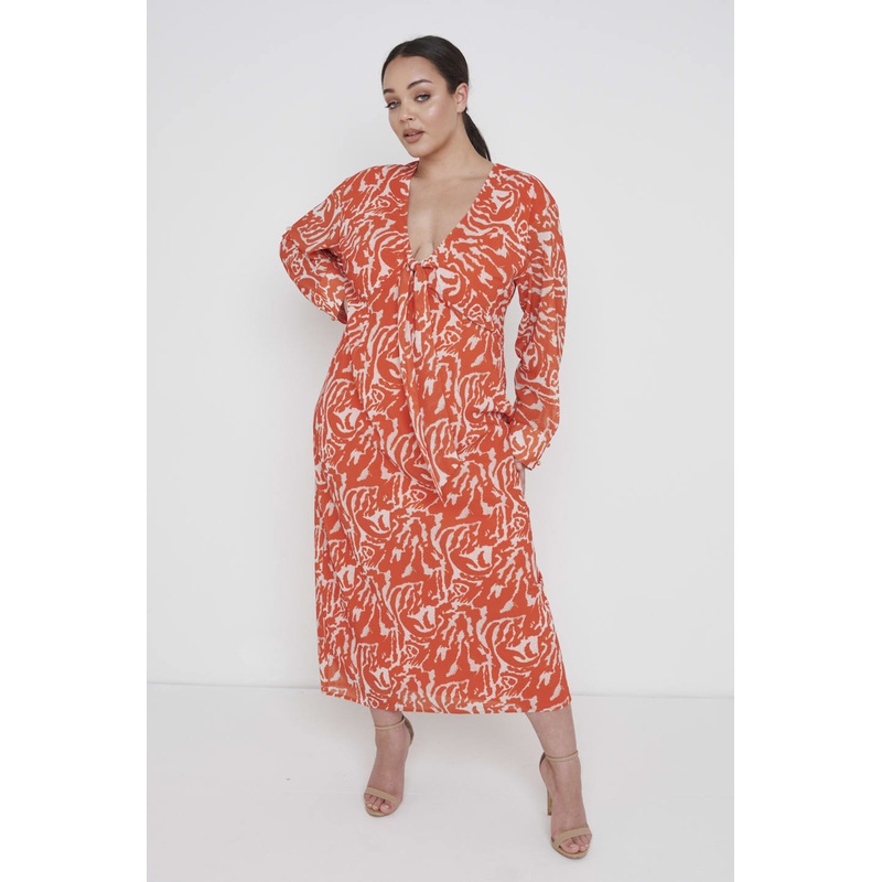 Rosslyn Tied Long Sleeve Midaxi Dress Curve – Orange Zebra