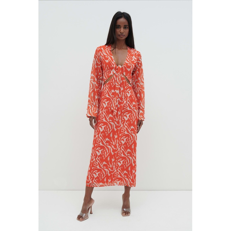 Rosslyn Tied Long Sleeve Midaxi Dress – Orange Zebra