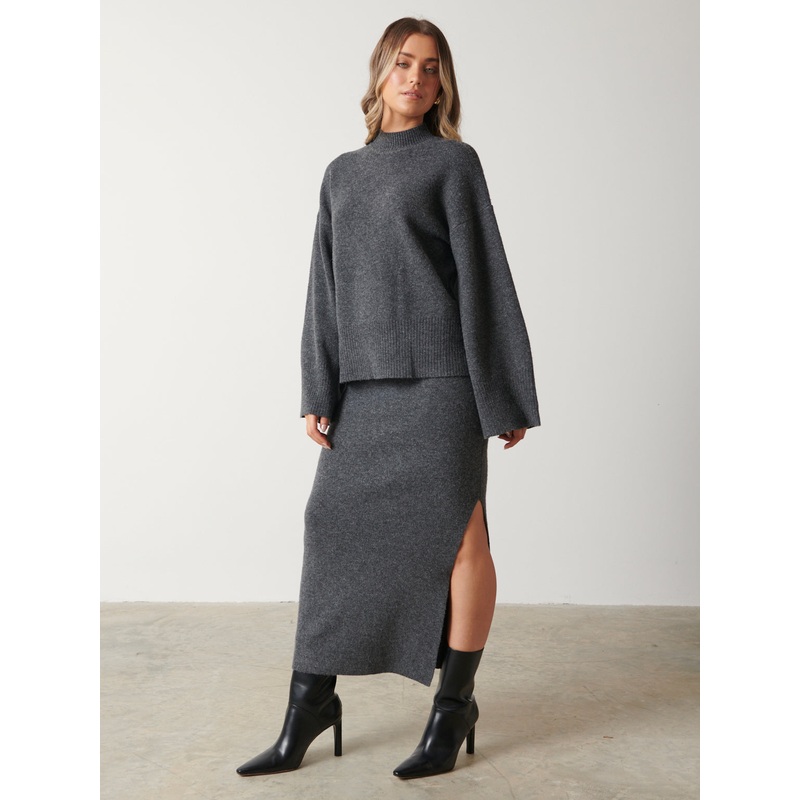 Sloane Knit Slit Midaxi Skirt – Charcoal Grey
