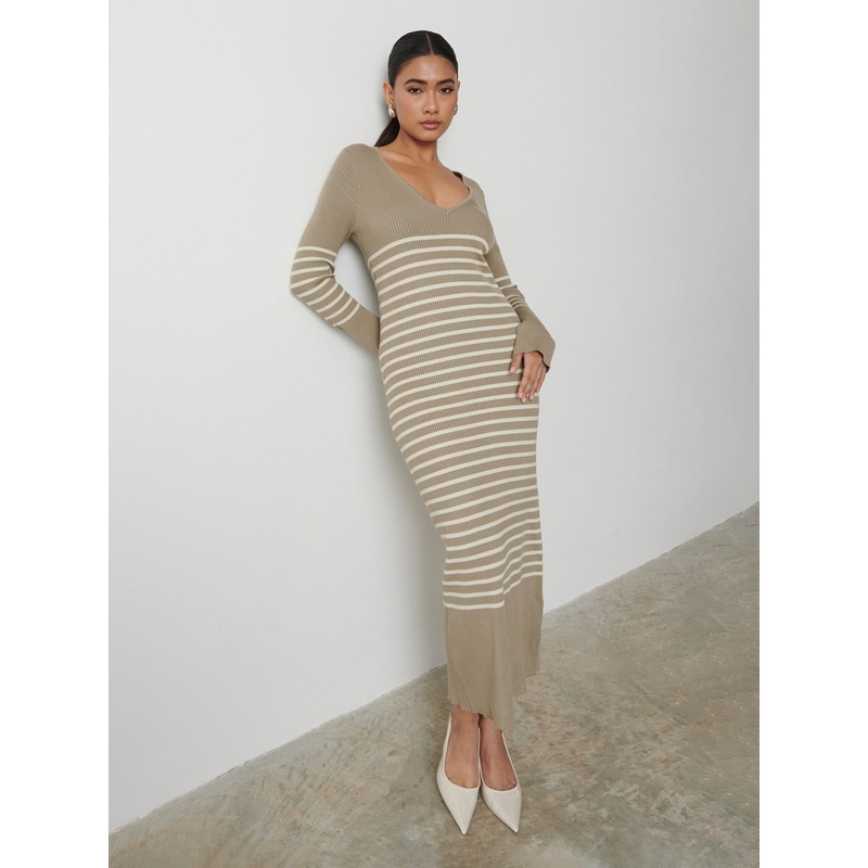 Vanessa Striped Knit Dress – Taupe and Cream Stripe