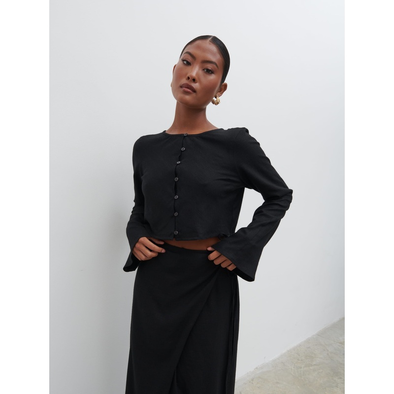 Abigail Button Front Linen Blouse – Black