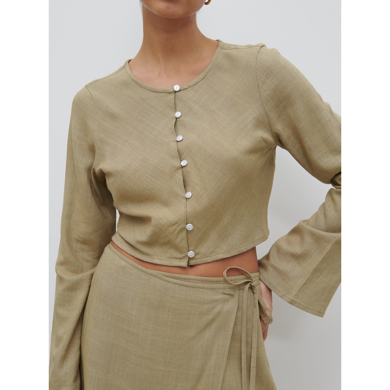 Abigail Button Front Linen Blouse – Olive