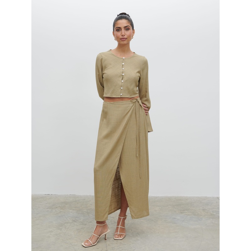 Abigail Wrap Linen Midaxi Skirt – Olive
