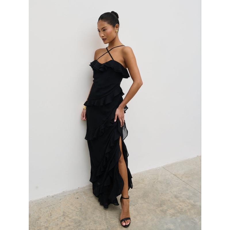 Aryana Ruffle Midaxi Dress – Black