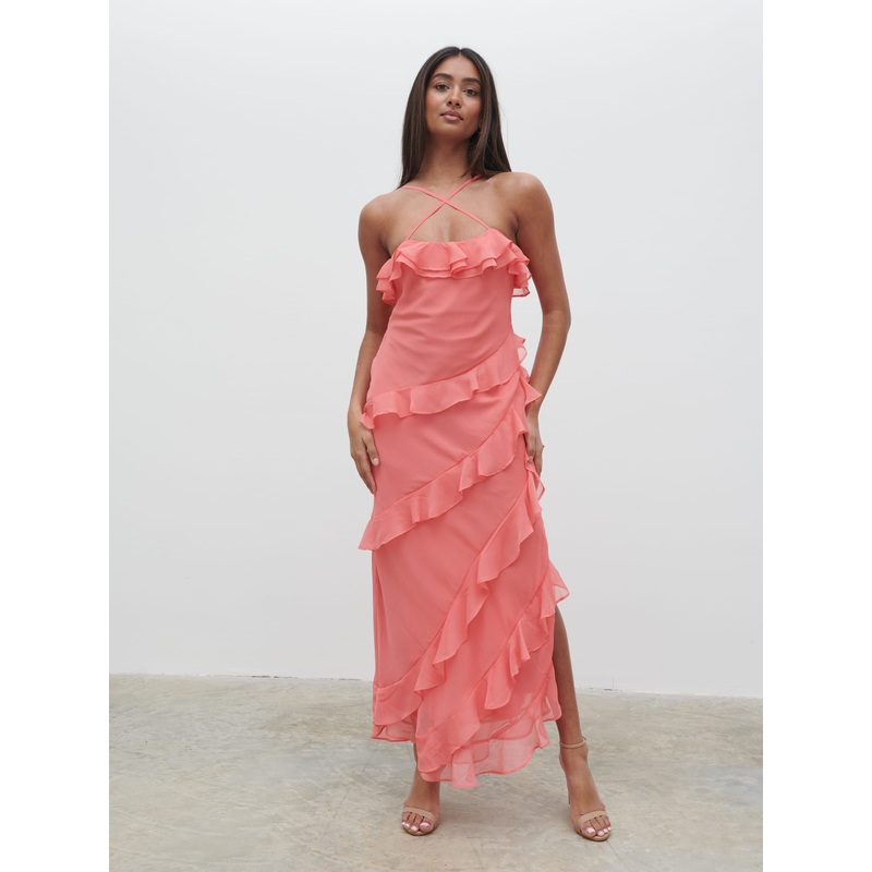 Aryana Ruffle Midaxi Dress – Deep Coral