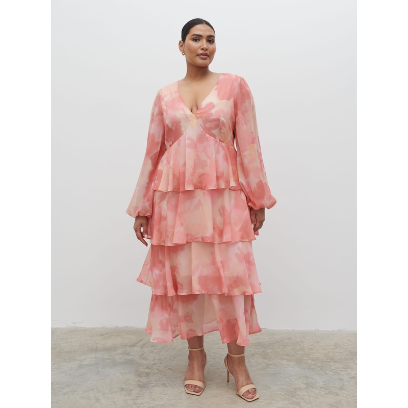 Ashton Ruffle Midi Dress Curve – Dusky Rose Watercolour