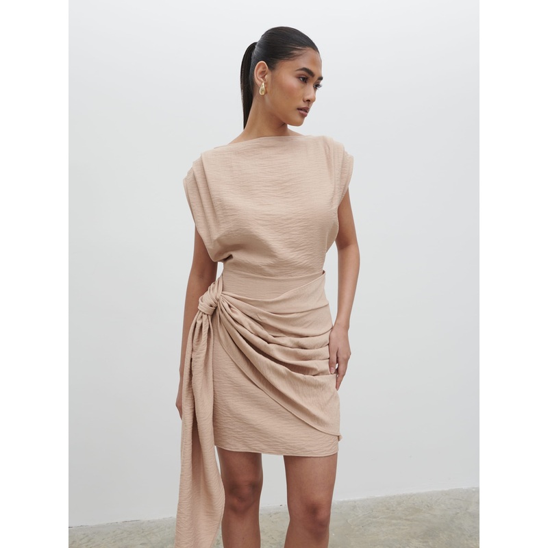 Dana Wrap Mini Dress – Beige-6 & 8 & 10 & 12 & 14 & 16