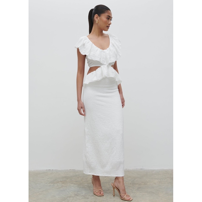 Ellis Crinkle Ruffle Jersey Dress – Cream