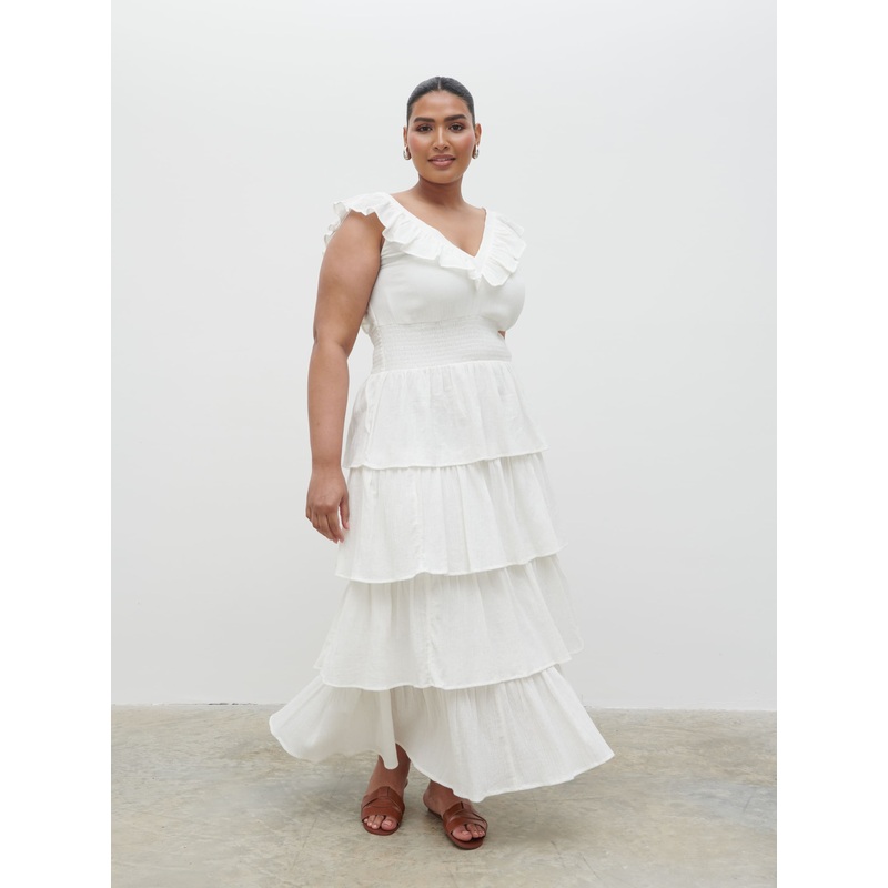 Opal Ruffle Midaxi Dress Curve – Cream
