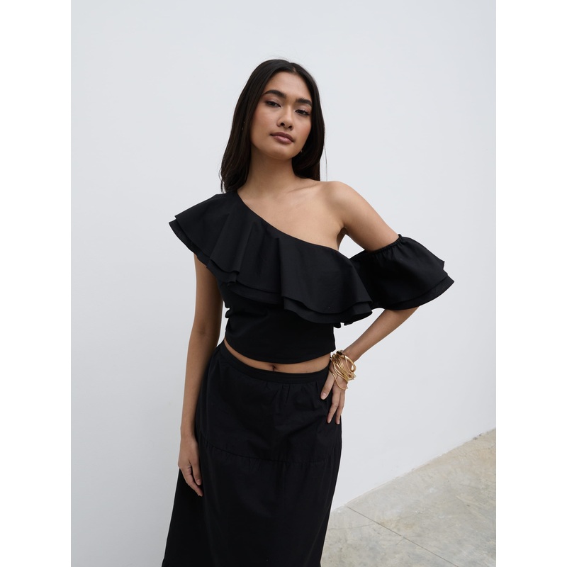 Sol Ruffle Cropped Top – Black