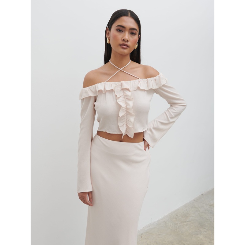 Tiffany Bardot Ruffle Top – Pale Blush