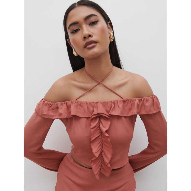 Tiffany Bardot Ruffle Top – Terracotta