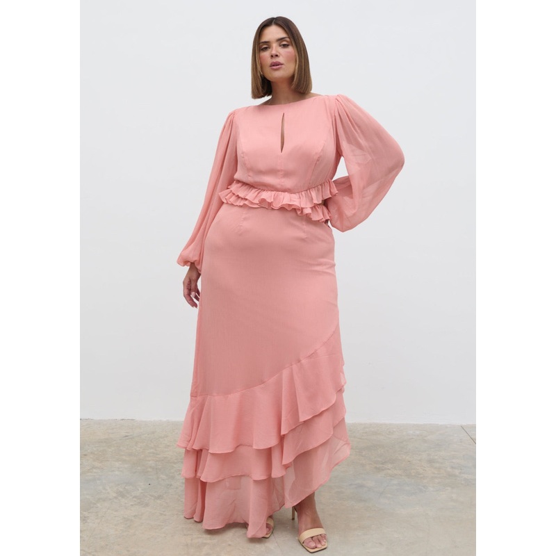Adelina Cut Out Ruffle Maxi Dress Curve – Apricot Ice