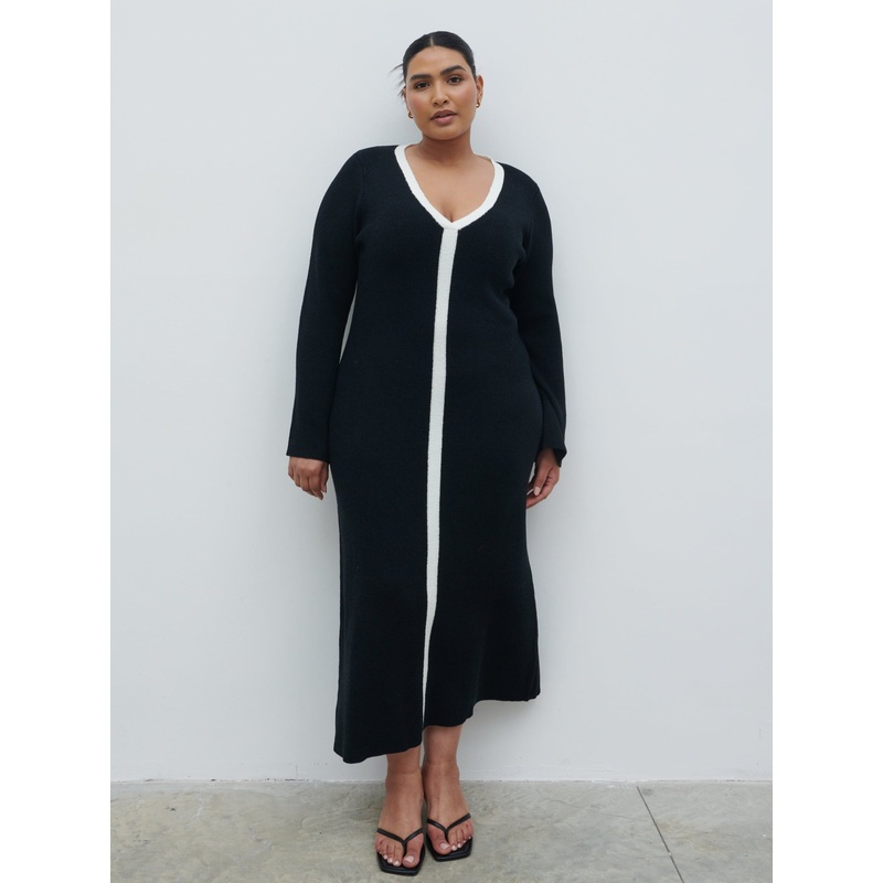 Ailey Contrast Seam Knit Midaxi Dress Curve – Black and Cream