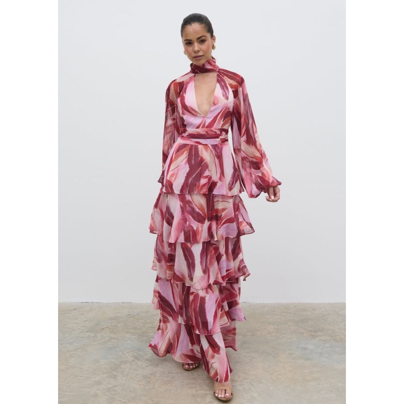 Anya Plunge Neck Ruffle Maxi Dress – Feather Print