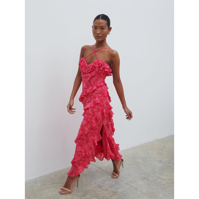 Aryana Jacquard Ruffle Midaxi Dress – Fuchsia