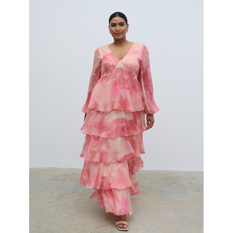 Ashton Ruffle Maxi Dress Curve – Dusky Rose Watercolour