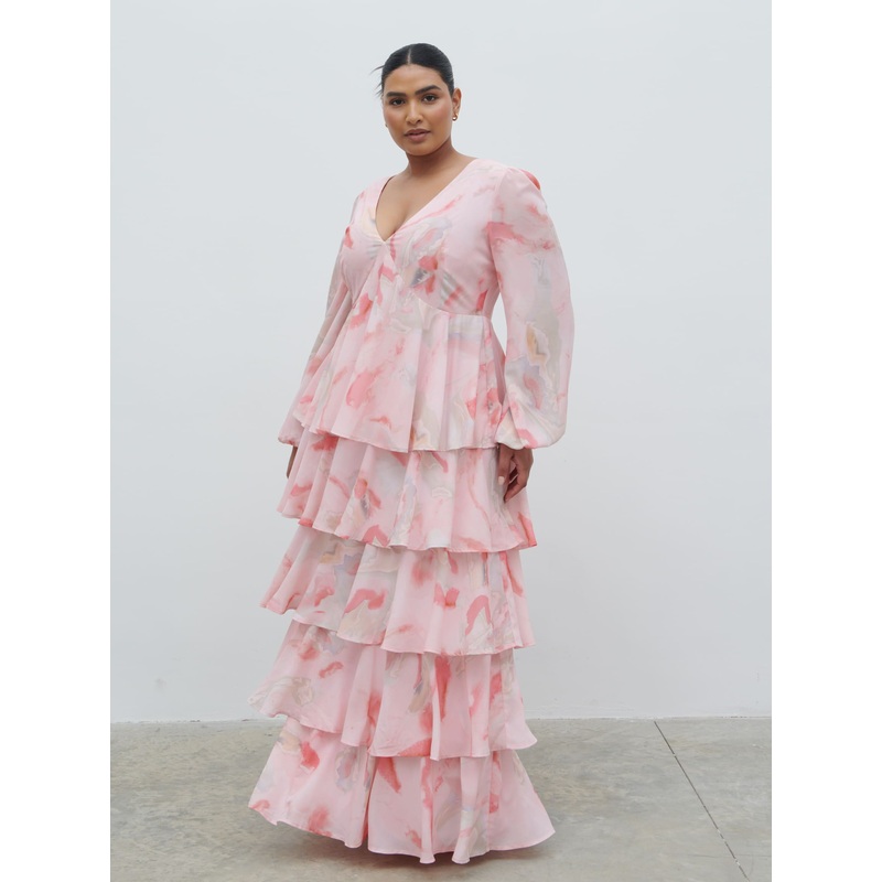 Ashton Ruffle Maxi Dress Curve – Pink Marble Ombre