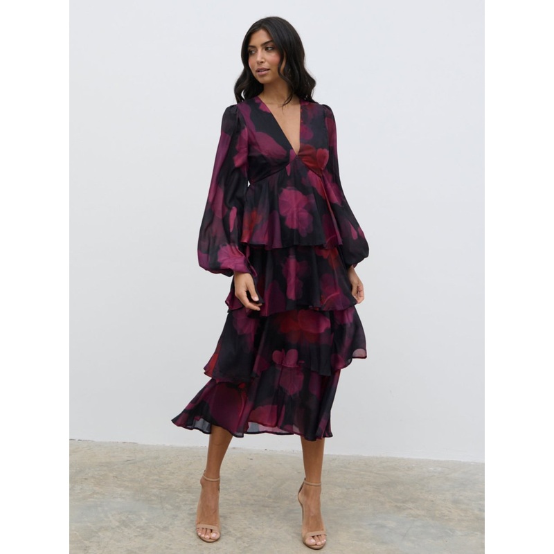 Ashton Ruffle Midi Dress – Berry