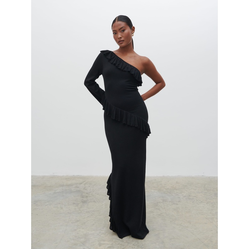 Bethanie Ruffle Maxi Knit Dress – Black