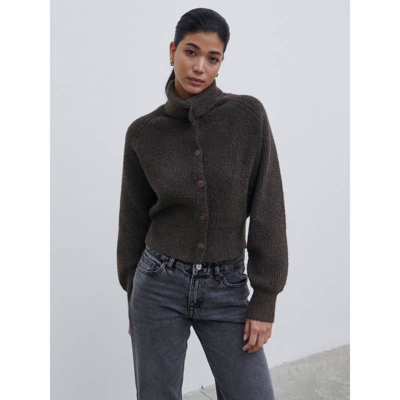 Camille High Neck Knit Cardigan – Bark