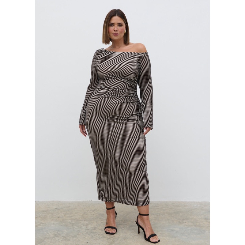 Carrie Asymmetric Knot Midaxi Dress Curve – Black and Cream Stripe