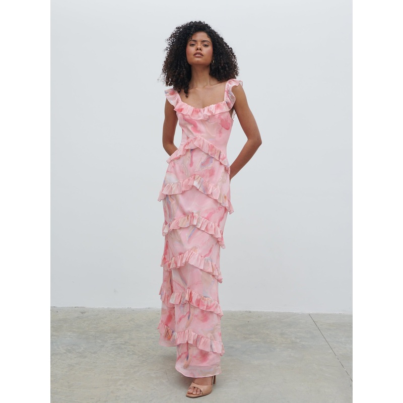 Cecile Scoop Neck Ruffle Maxi Dress – Pink Marble Ombre
