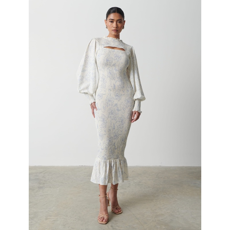 Elise Cut Out Shirred Printed Midaxi Dress – Peony Abstract Floral Print