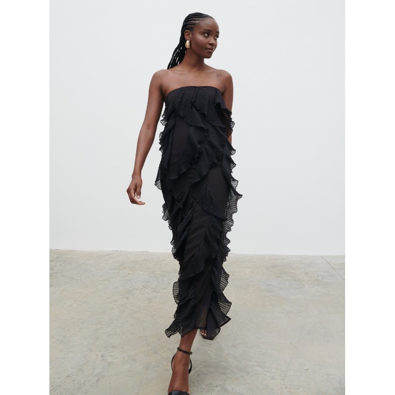 Perla Bandeau Ruffle Midaxi Dress – Black