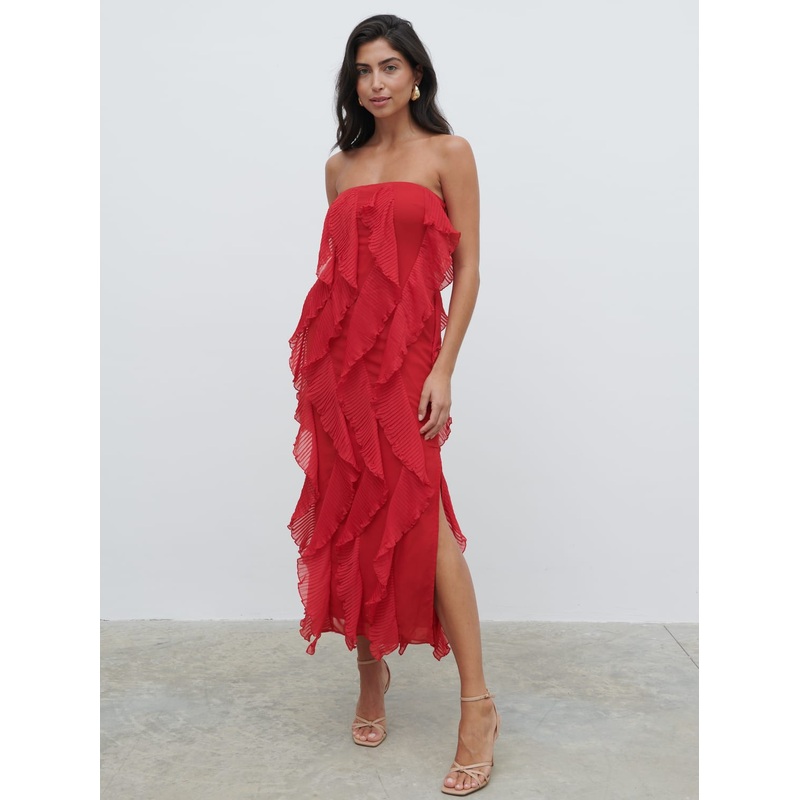 Perla Bandeau Ruffle Midaxi Dress – Red