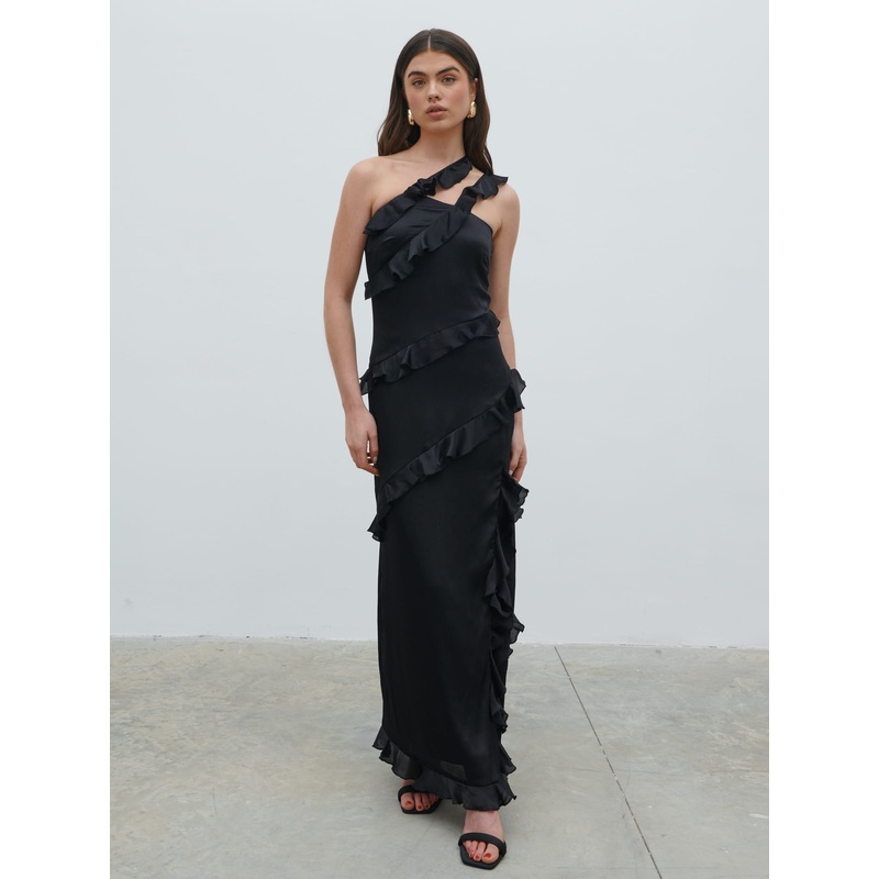 Sabina One Shoulder Ruffle Maxi Dress – Black