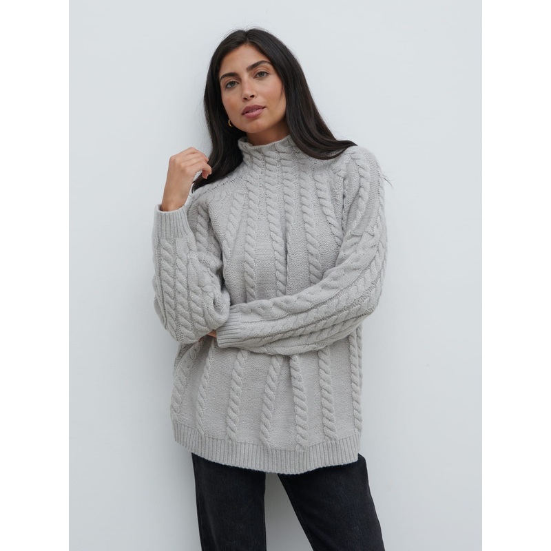 Tam Cable Knit High Neck Jumper – Grey