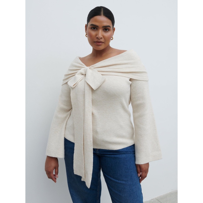 Tilda Bardot Bow Knit Top Curve – Beige