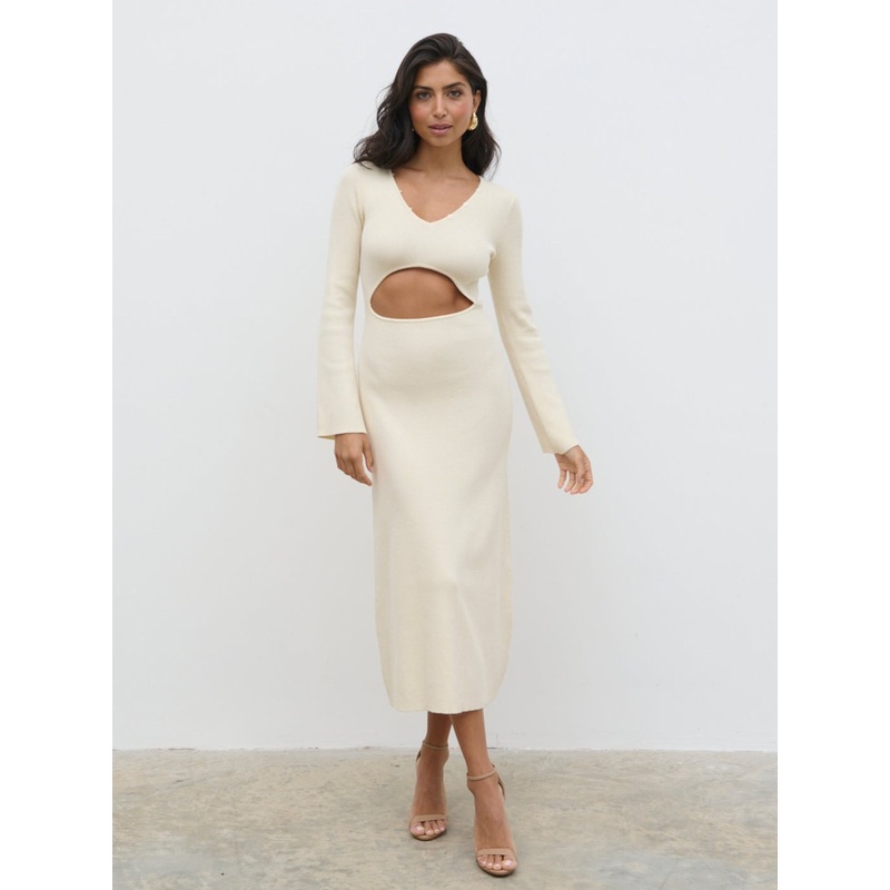 Zahra Cut Out Knit Midaxi Dress – Cream