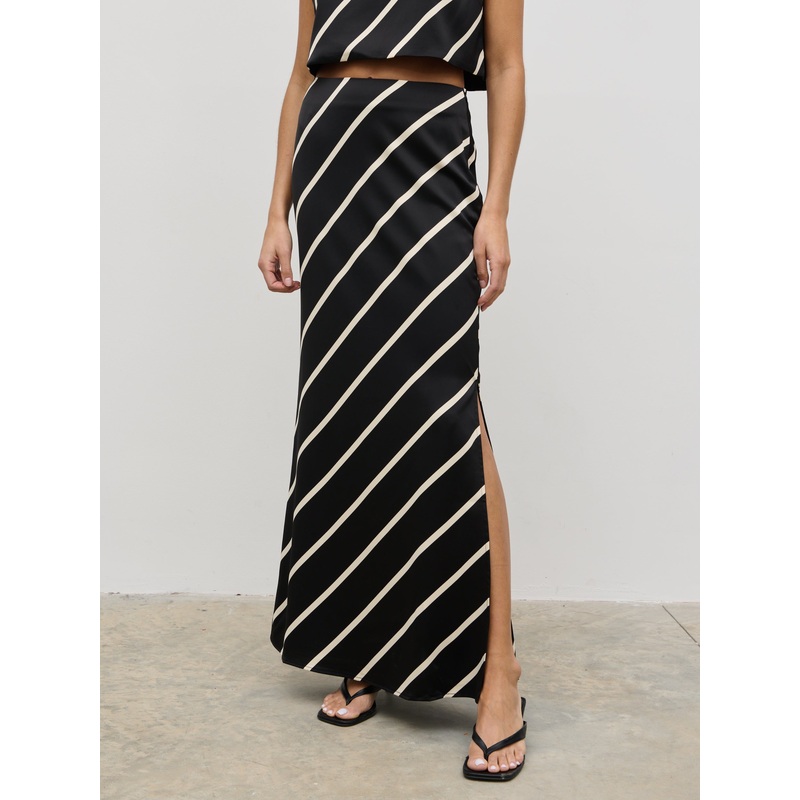 Zuri Maxi Skirt – Black and Cream Asymmetric Stripe