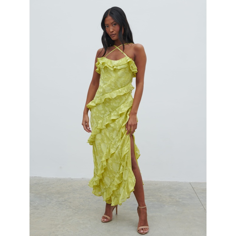 Aryana Jacquard Ruffle Midaxi Dress – Chartreuse