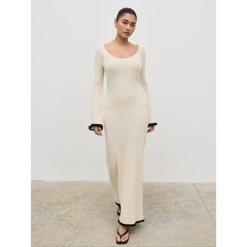 Bellamy Frill Tiered Sleeve Knit Maxi Dress – Cream