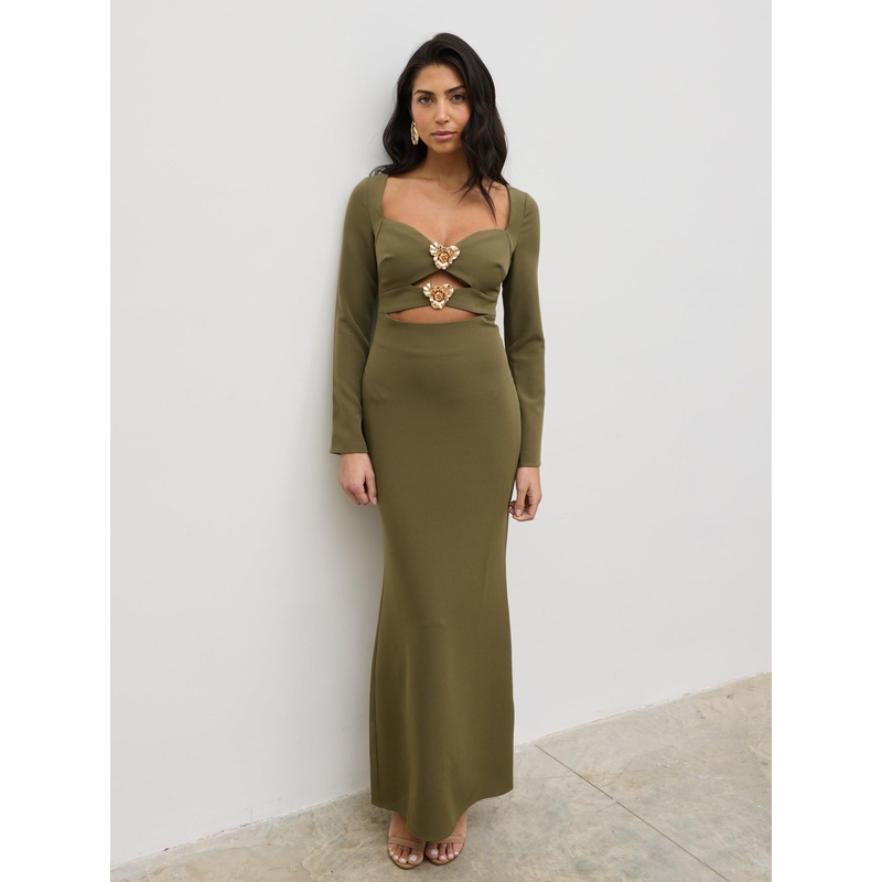 Corrine Gold Trim Cut Out Maxi Dress – Olive
