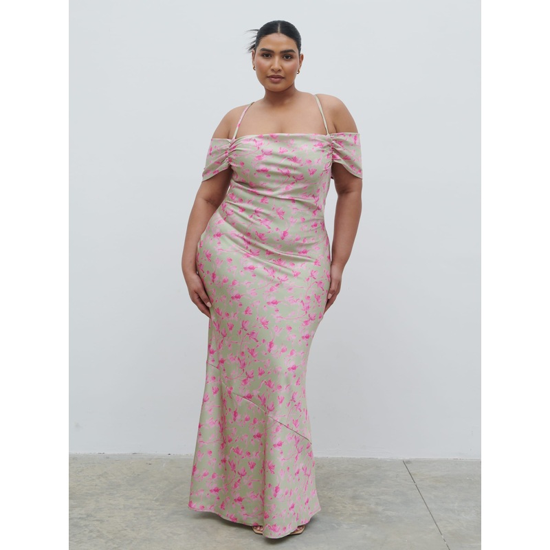 Daria Cowl Slip Maxi Dress Curve – Olive and Fuchsia Petal Floral