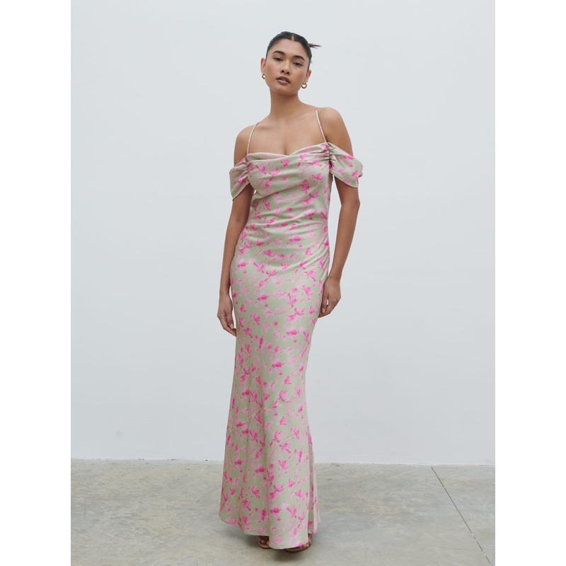 Daria Cowl Slip Maxi Dress – Olive and Fuchsia Petal Floral