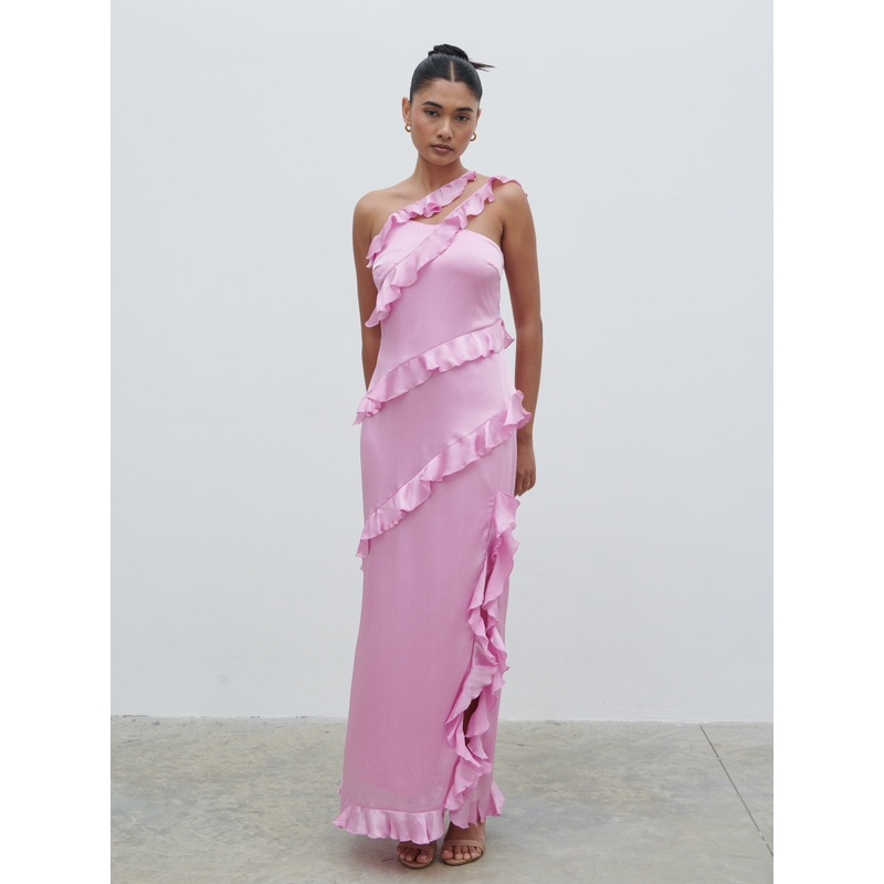Sabina One Shoulder Ruffle Maxi Dress – Lilac Pink