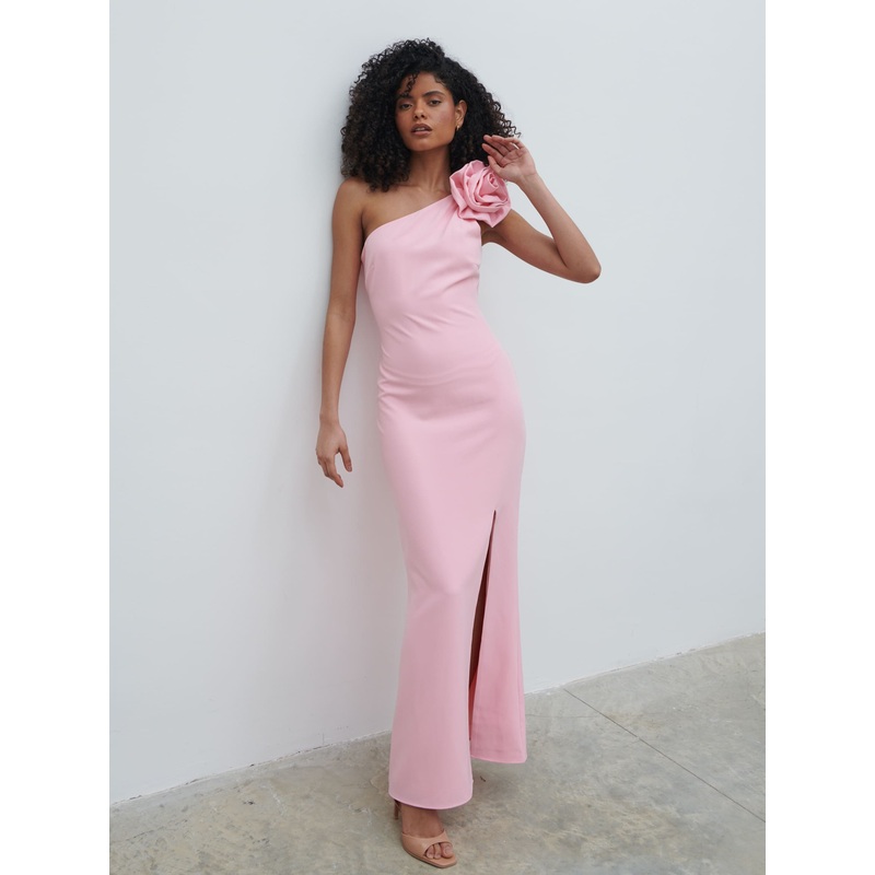 Samaya One Shoulder Detachable Corsage Maxi Dress – Posie Pink