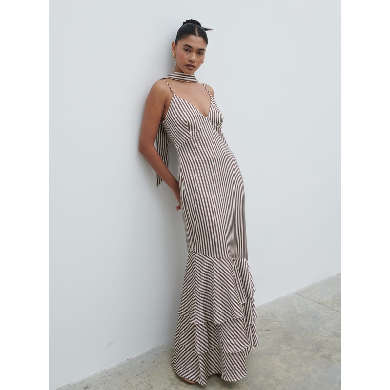 Serita V Neck Tiered Maxi Dress – Brown and Cream Stripe