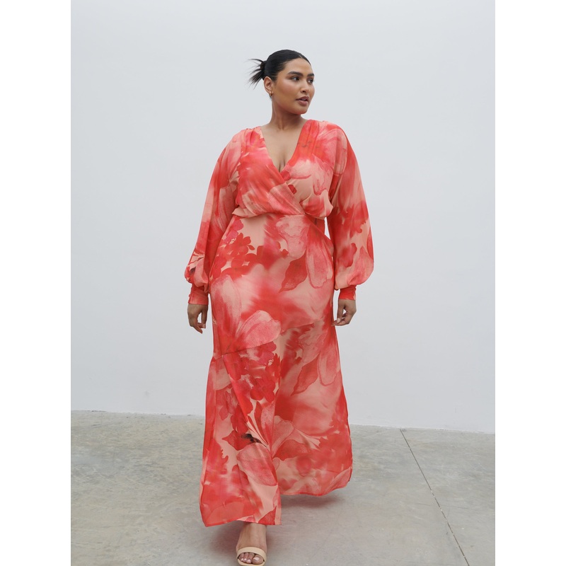 Theia Batwing Maxi Dress Curve – Pink Large Scale Floral